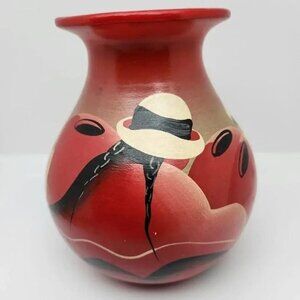 Red and Black Hand Painted Mexican Pancho Art Pottery Vase